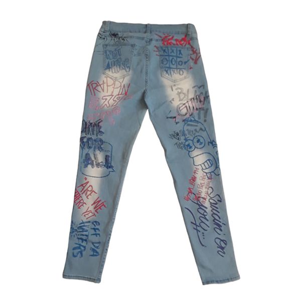 Blue Topic Womens Girls Teen Denim Graphic Stretch Blue Jeans Size 15/16 - Picture 2 of 6